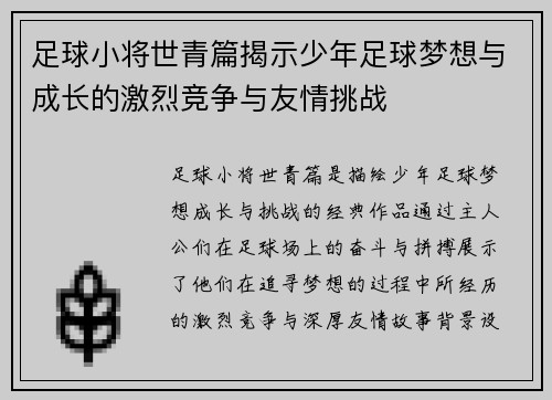 足球小将世青篇揭示少年足球梦想与成长的激烈竞争与友情挑战