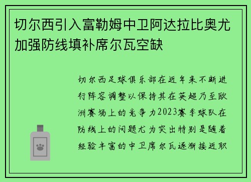 切尔西引入富勒姆中卫阿达拉比奥尤加强防线填补席尔瓦空缺